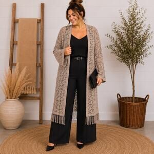 Curations Crochet Knit Open Front Brown Cardigan Plus Size 2XL